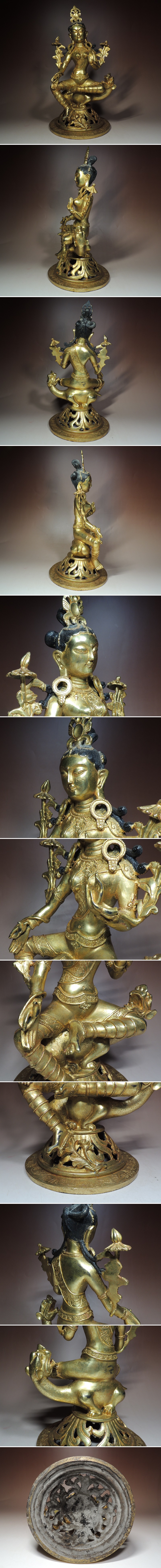 即納可▲古銅・鍍金仏・チベット仏・坐像・獣・獅子・ネパール・ターラ・高さ36㌢▲at024 仏像